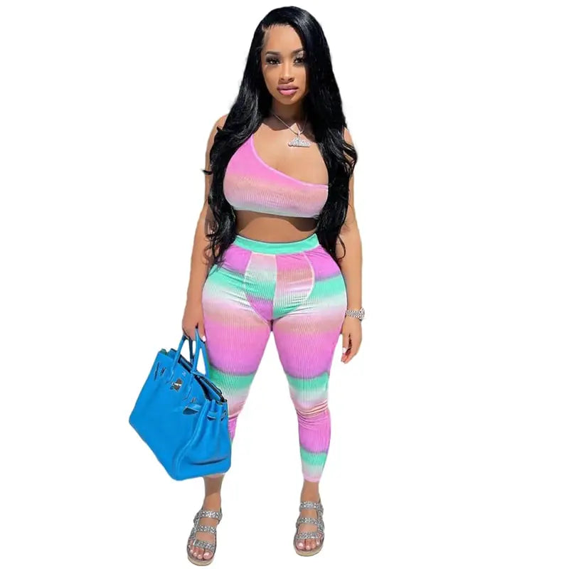 S-2XL Women Fashion Color Blocking One shoulder Crop Top And Pants Two Pieces Set
