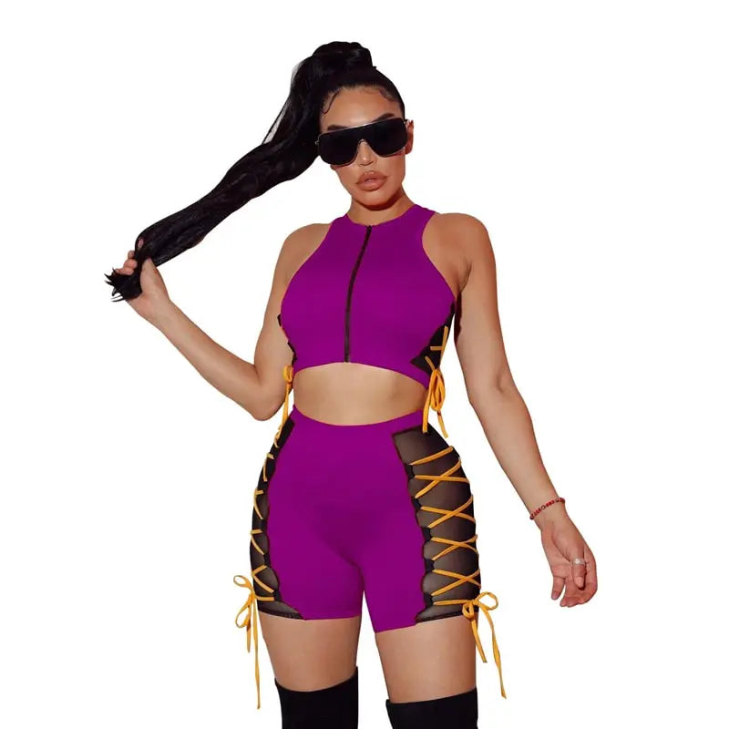 S-4XL Women Fashion Color Blocking Lace-up Tank Top And Shorts Two Pieces Set