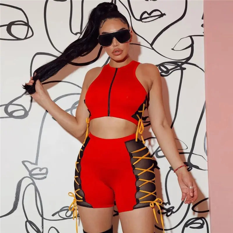 S-4XL Women Fashion Color Blocking Lace-up Tank Top And Shorts Two Pieces Set