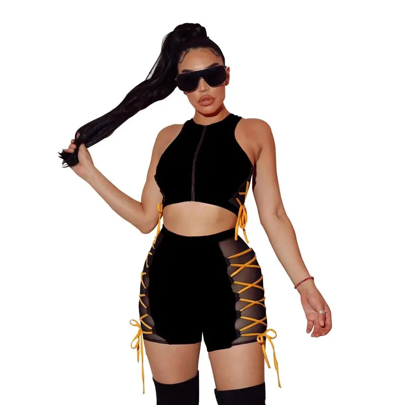 S-4XL Women Fashion Color Blocking Lace-up Tank Top And Shorts Two Pieces Set