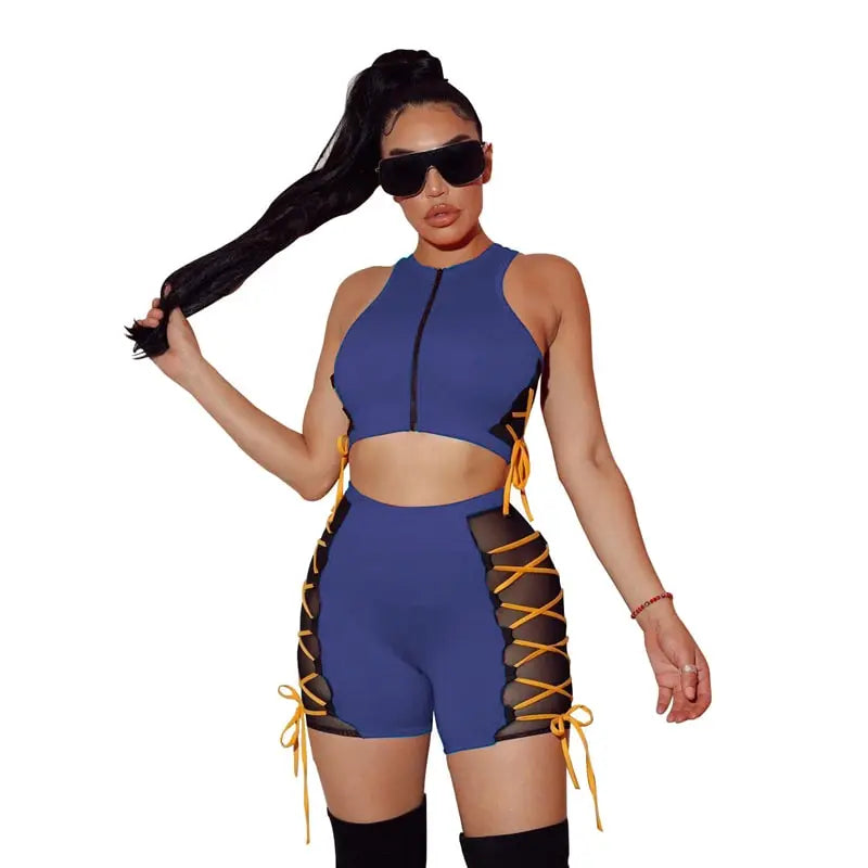 S-4XL Women Fashion Color Blocking Lace-up Tank Top And Shorts Two Pieces Set