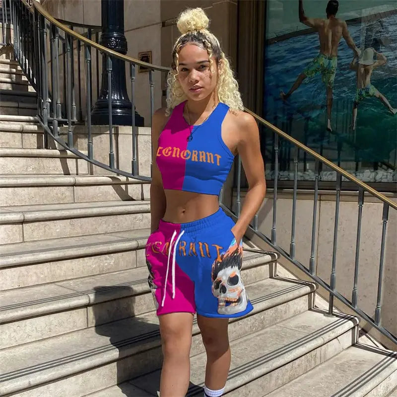 S-2XL Women Fashion Color Blocking Letter Printing Top And Shorts Two Pieces Set