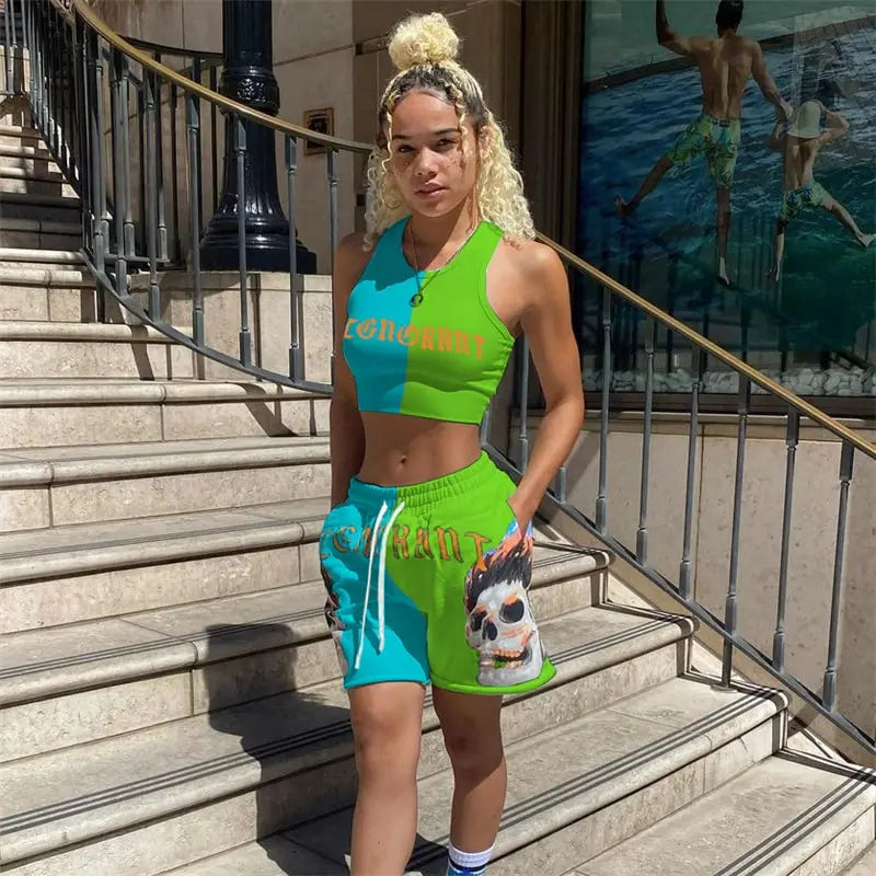 S-2XL Women Fashion Color Blocking Letter Printing Top And Shorts Two Pieces Set