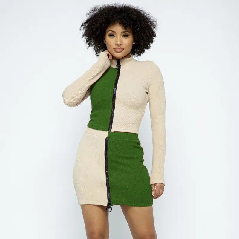 Women Fashion Color Blocking Turtle Neck Top And Rib-knit Skirt Two Pieces Set