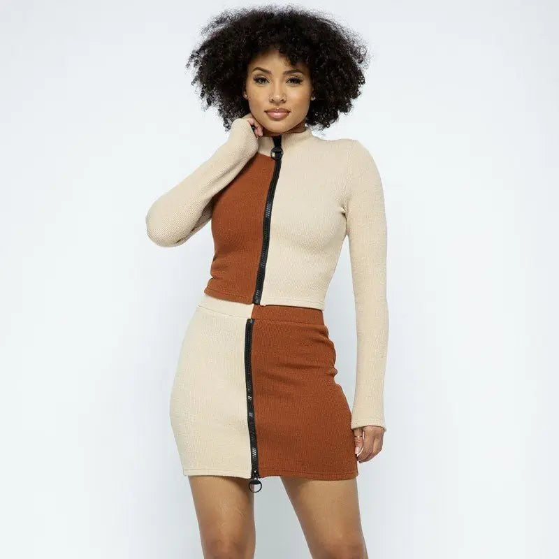 Women Fashion Color Blocking Turtle Neck Top And Rib-knit Skirt Two Pieces Set