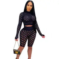 Women Fashion Cut Out Long Sleeve Top And Shorts Two Pieces Set