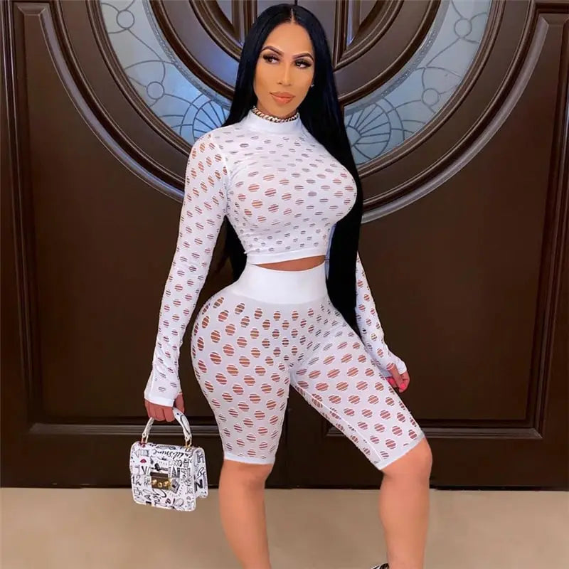 Women Fashion Cut Out Long Sleeve Top And Shorts Two Pieces Set