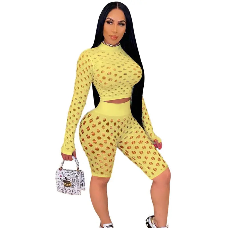 Women Fashion Cut Out Long Sleeve Top And Shorts Two Pieces Set