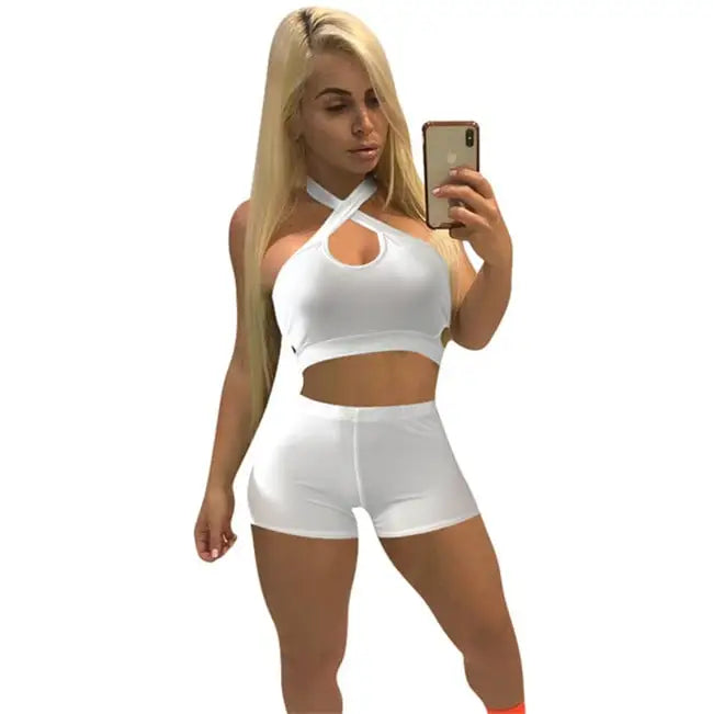 Women Fashion Solid Color Cut Out Top And Shorts Two Pieces Set