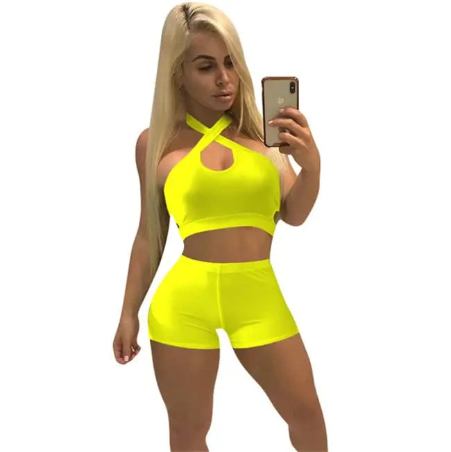 Women Fashion Solid Color Cut Out Top And Shorts Two Pieces Set