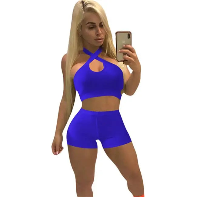 Women Fashion Solid Color Cut Out Top And Shorts Two Pieces Set