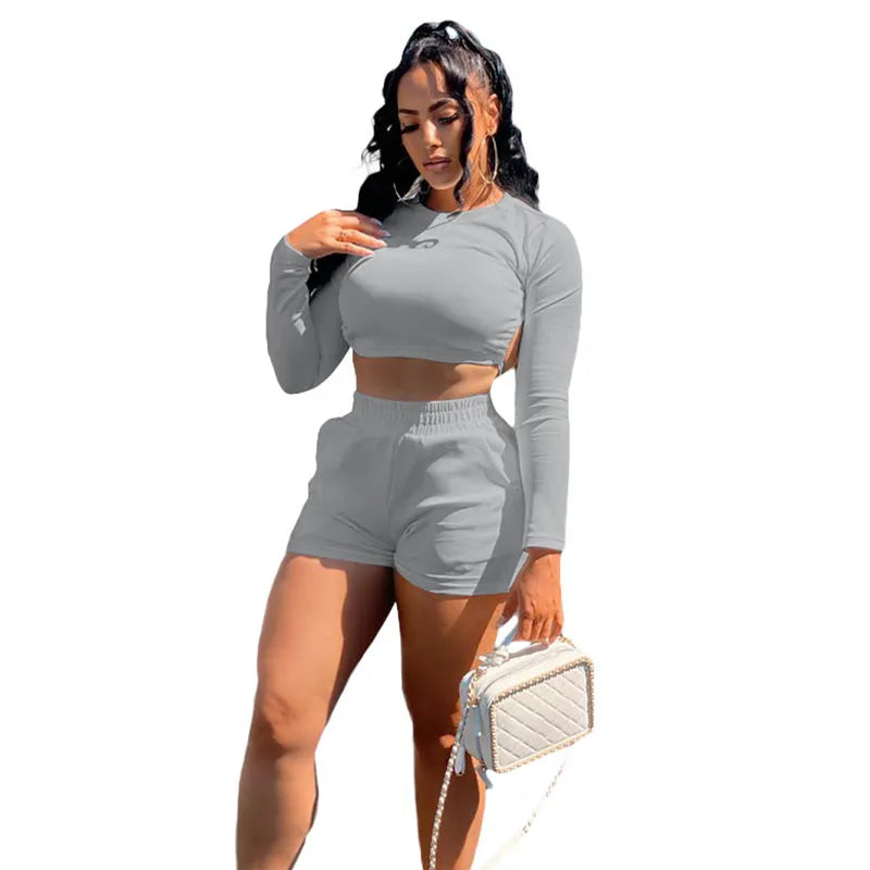 Women Fashion Solid Color Backless Top And Shorts Two Pieces Set