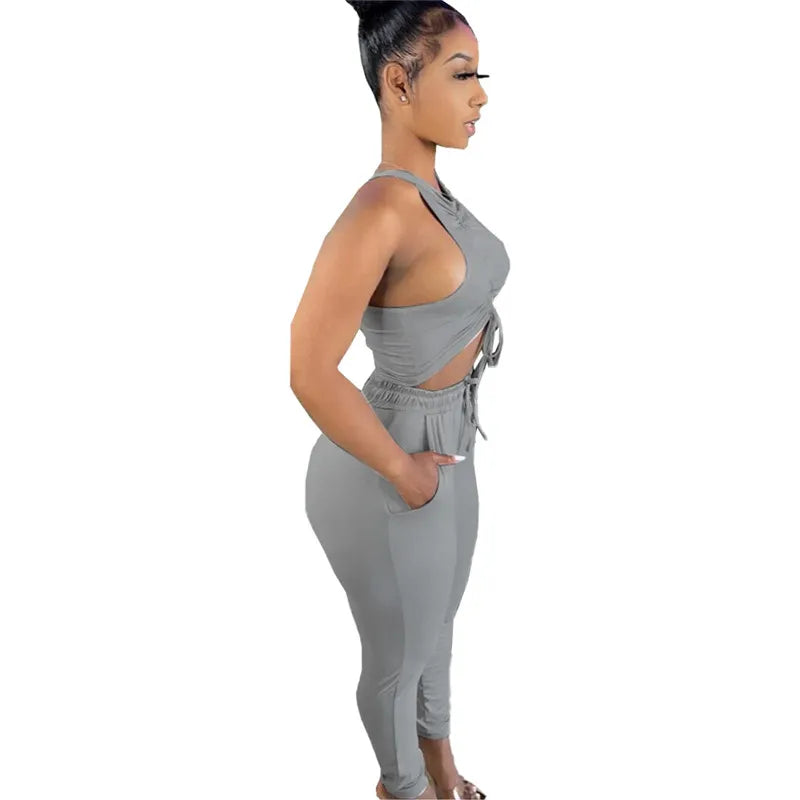 Women Fashion Solid Color Drawstring Top And Pants Two Pieces Set