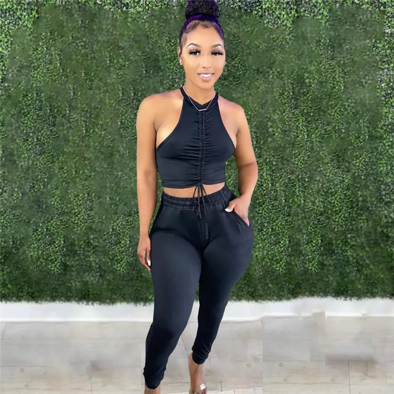 Women Fashion Solid Color Drawstring Top And Pants Two Pieces Set