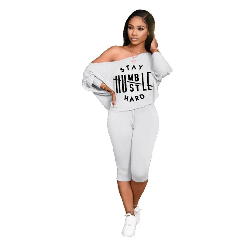 L-5XL Women Fashion Plus Size Letter Printing Top And Crop Pants Two Pieces Set