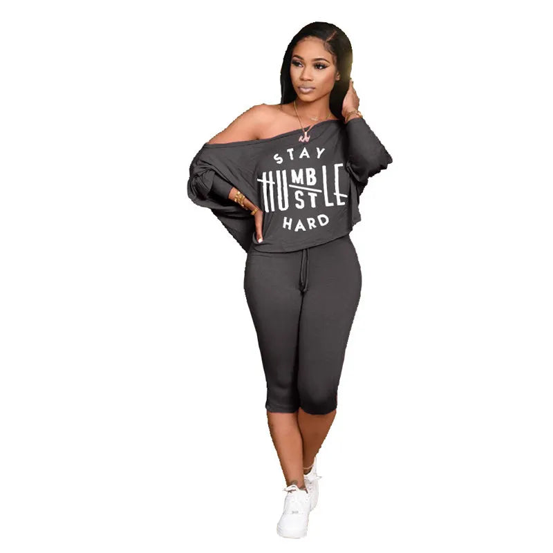 L-5XL Women Fashion Plus Size Letter Printing Top And Crop Pants Two Pieces Set
