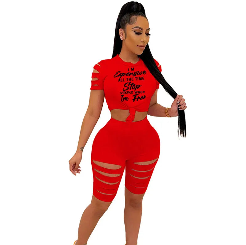S-2XL Women Fashion Letter Printing Cut Out Top And Shorts Two Pieces Set