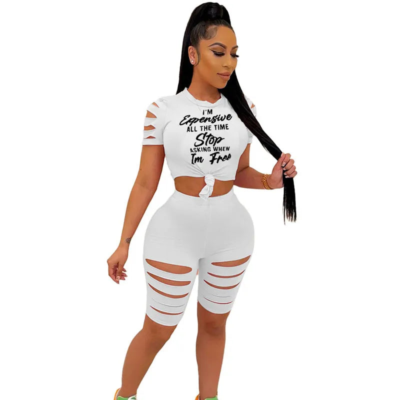 S-2XL Women Fashion Letter Printing Cut Out Top And Shorts Two Pieces Set