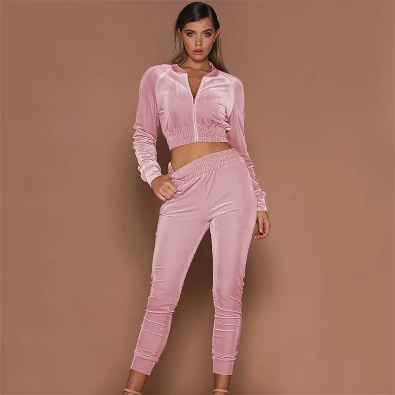 S-3XL Women Fashion Zipper Design Top And Pants Two Piece Set