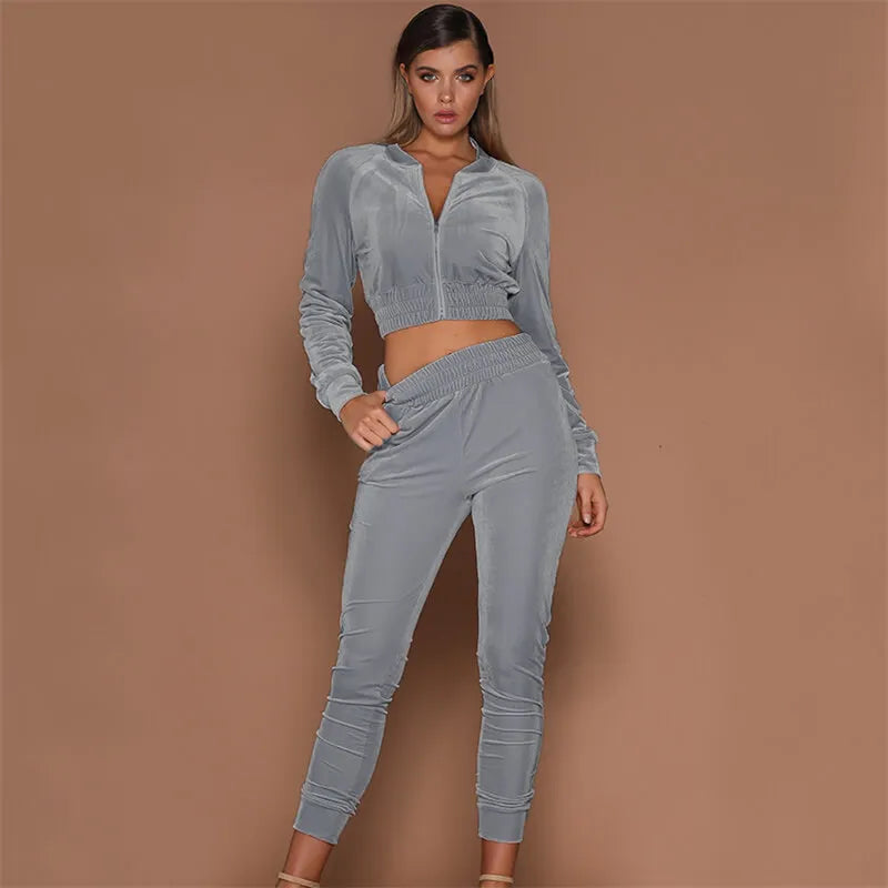 S-3XL Women Fashion Zipper Design Top And Pants Two Piece Set