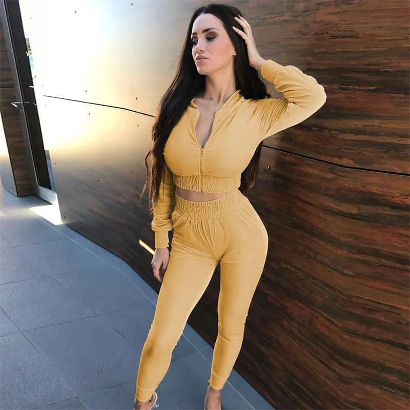 S-3XL Women Fashion Zipper Design Top And Pants Two Piece Set