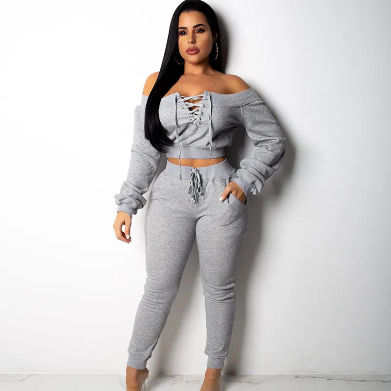 Women Solid Color Long Sleeve Off-shoulder Lace-up Crop Top And Casual Pants Fashion Casual Two Pieces Sets