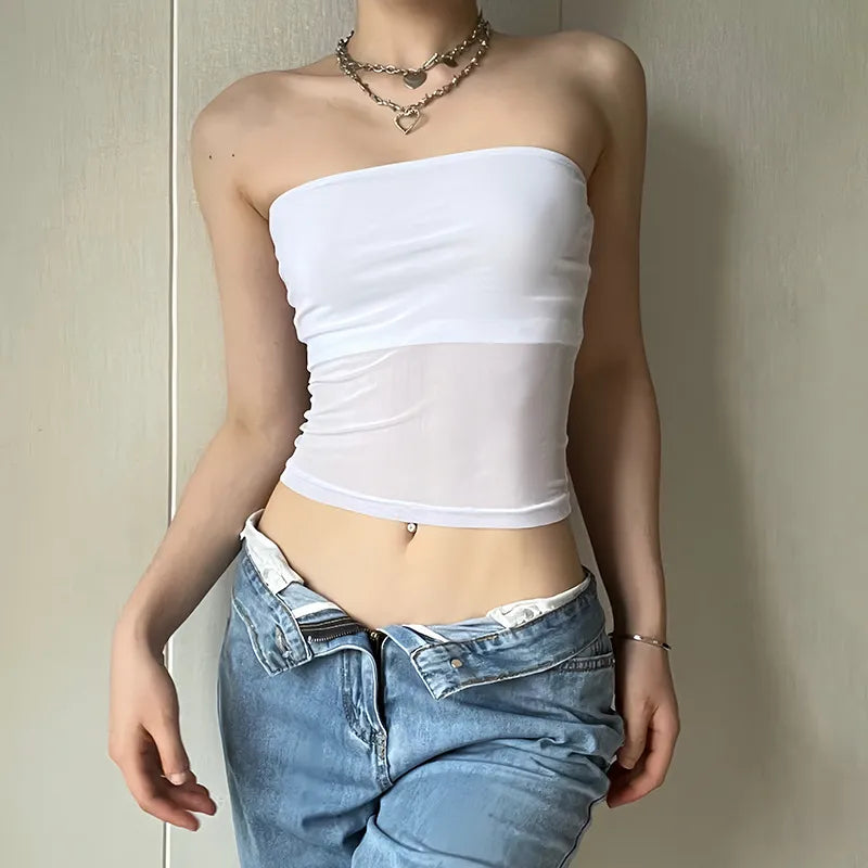 Women Summer Solid Color Pullover Sleeveless Mesh Tube Top