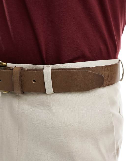 Asos Design Leather Belt With Burnished Gold Buckle In Vintage Brown