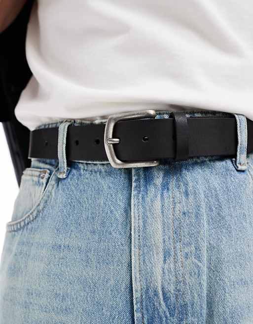 Asos Design Leather Belt With Burnished Silver Buckle In Vintage Black