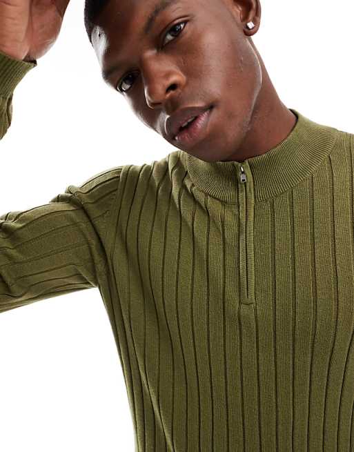 Asos Design Essential Muscle Fit Rib Knit 1/2 Zip Sweater In Khaki