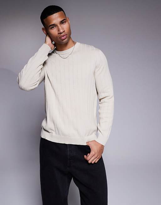 Asos Design Relaxed Knit Wide Ribbed Sweater In Oatmeal