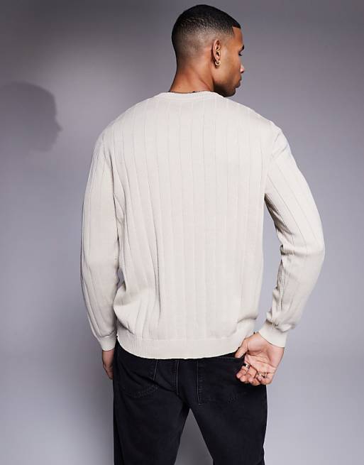 Asos Design Relaxed Knit Wide Ribbed Sweater In Oatmeal