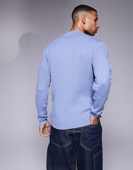 Asos Design Essential Muscle Fit Knitted Rib Quarter Zip Sweater In Blue