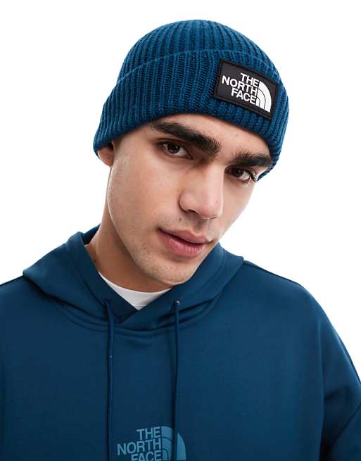 The North Face Logo Box Cuffed Beanie In Petrol Blue
