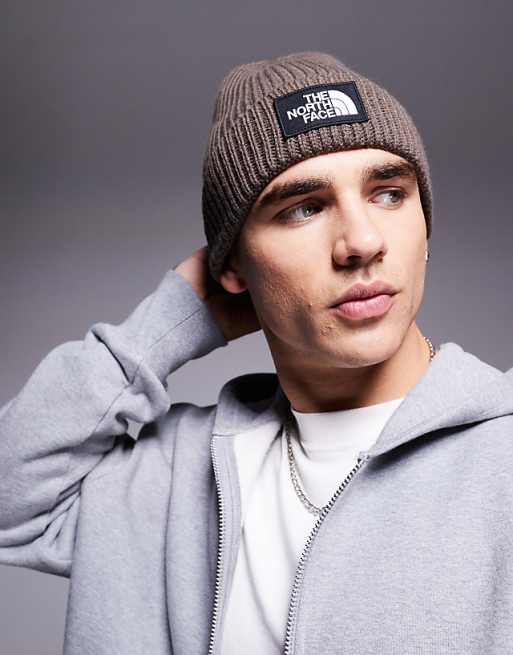 The North Face Logo Box Cuffed Beanie In Smoky Brown