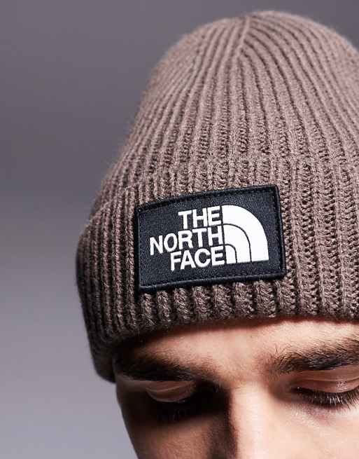 The North Face Logo Box Cuffed Beanie In Smoky Brown