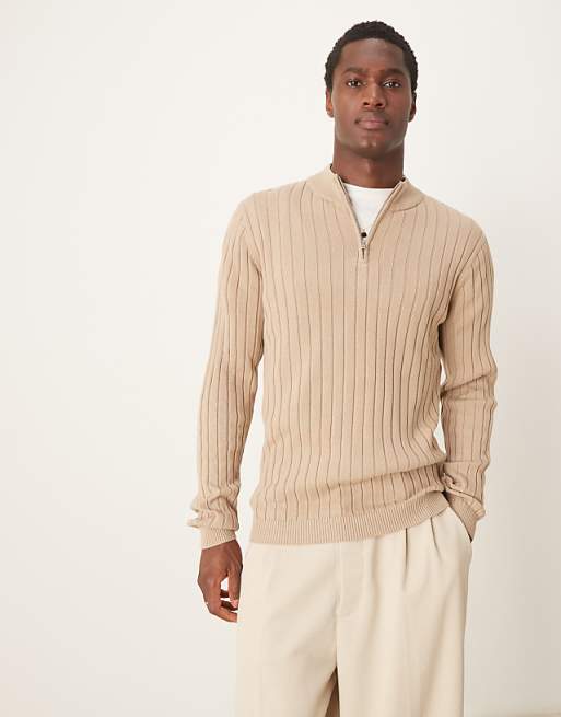 Asos Design Essential Muscle Fit Knitted Rib Quarter Zip Sweater In Taupe