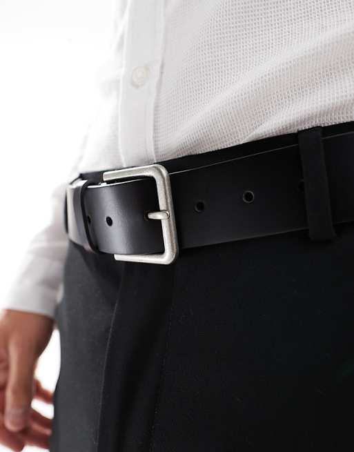 Asos Design Smart Leather Belt With Burnished Silver Buckle In Black