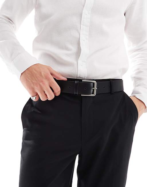 Asos Design Smart Leather Belt With Burnished Silver Buckle In Black