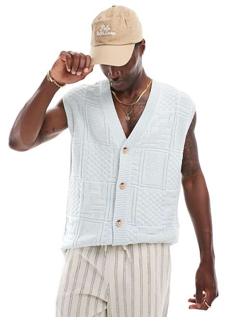 Asos Design Relaxed Textured Knit Button Up Sleeveless Cardigan In Light Blue