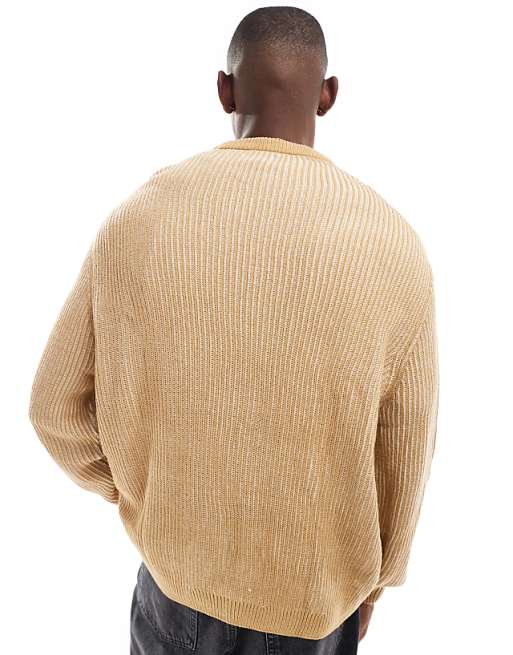 Asos Design Oversized Rib Knit Pleated Fisherman Sweater In Brown