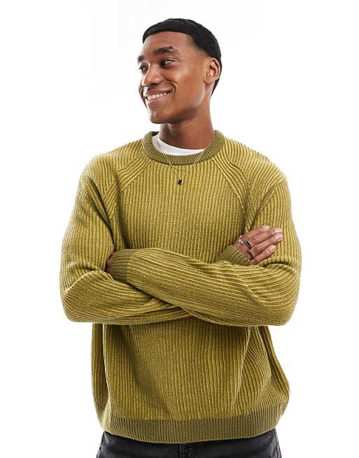 Asos Design Oversized Rib Knit Pleated Fisherman Sweater In Chartreuse