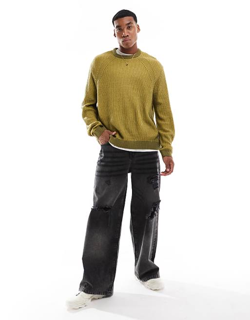 Asos Design Oversized Rib Knit Pleated Fisherman Sweater In Chartreuse