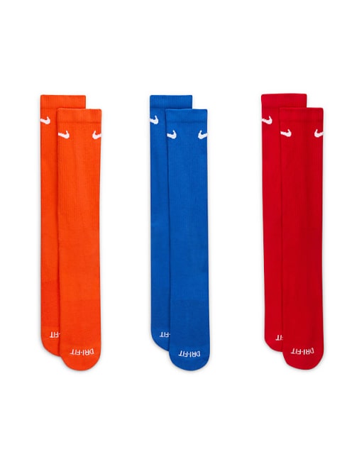 Men Nike Training Everyday Plus Cushioned 3 pack crew sock in orange, blue and red