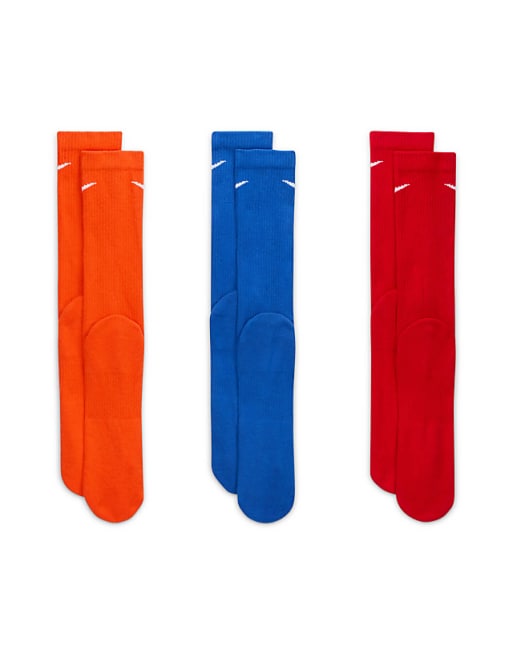 Men Nike Training Everyday Plus Cushioned 3 pack crew sock in orange, blue and red