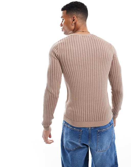 Asos Design Muscle Fit Washed Knitted Sweater In Brown Rib