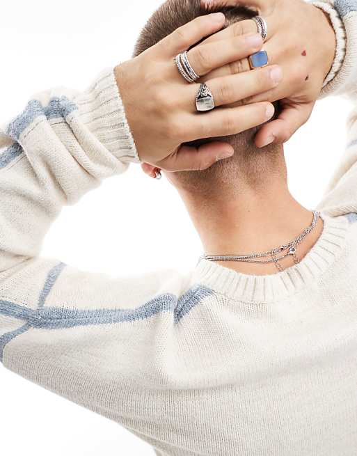 Asos Design Relaxed Knit Sweater In Ecru With Blue Seams