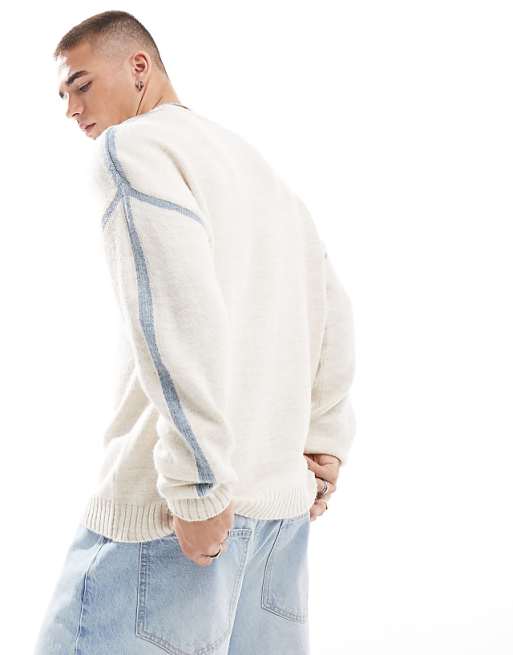 Asos Design Relaxed Knit Sweater In Ecru With Blue Seams