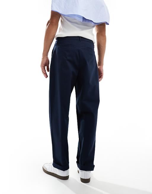 Asos Design Straight Leg Chino Pants With Pleats In Navy
