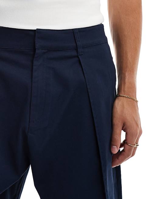 Asos Design Straight Leg Chino Pants With Pleats In Navy